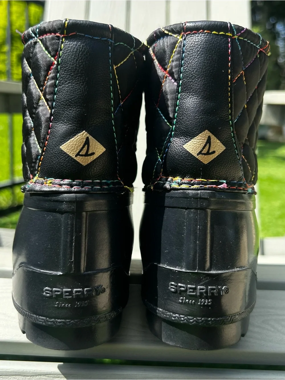 Sperry Port Duck Boots Rainbow Stitching Kids Sz 2 Youth Black Waterproof